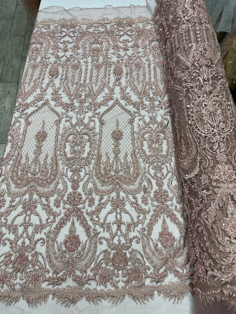 Mauve Beaded Damask Fabric - by the yard - Embroidered with Beads and Sequins on Mesh Fabric