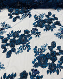 NAVY BLUE Flower 3D Fabric - by the Yard - Embroided Fabric Flower Pearls and Beaded Fabric