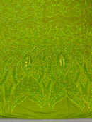 Neon Yellow Sequin - 4 Way Stretch Embroidered Royalty Sequins Design Fabric By Yard
