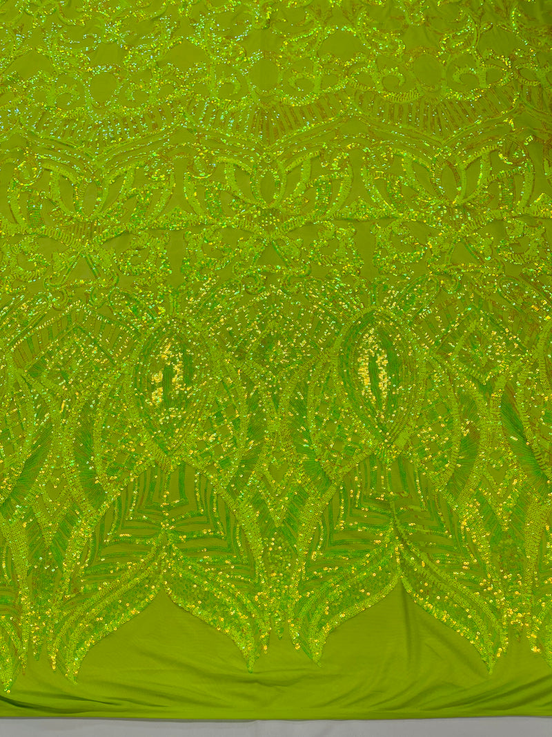 Neon Yellow Sequin - 4 Way Stretch Embroidered Royalty Sequins Design Fabric By Yard