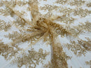 Metallic Gold/Skin Mesh Floral Lace Fabric by the yard Corded Flower Embroidery Design With Sequins