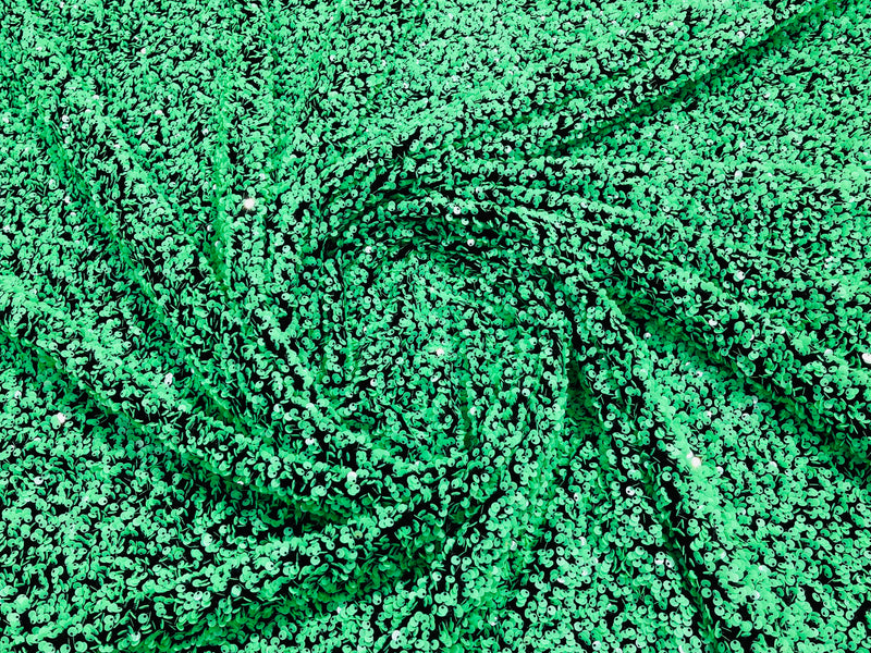 Green Sequin Fabric on Black Stretch Velvet - by the yard - Sequins 2 Way Stretch  58/60”