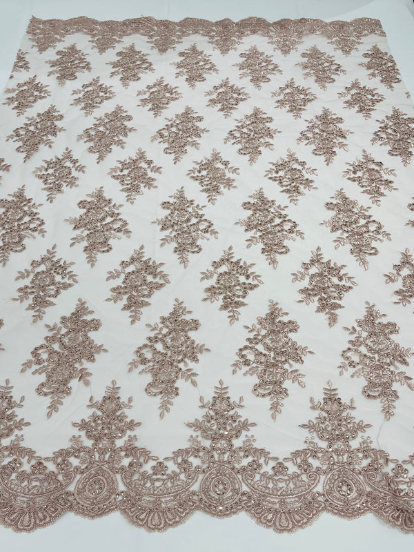 Blush Floral Lace Fabric - by the yard - Corded Flower Embroidery Design With Sequins on a Mesh