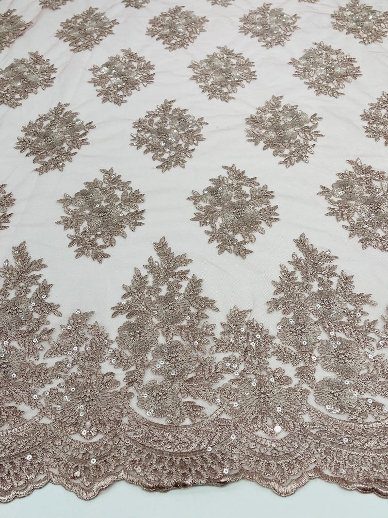 Floral Lace Fabric - Blush on Rose Mesh - Flower Cluster Embroidery Design With Sequins on a Mesh