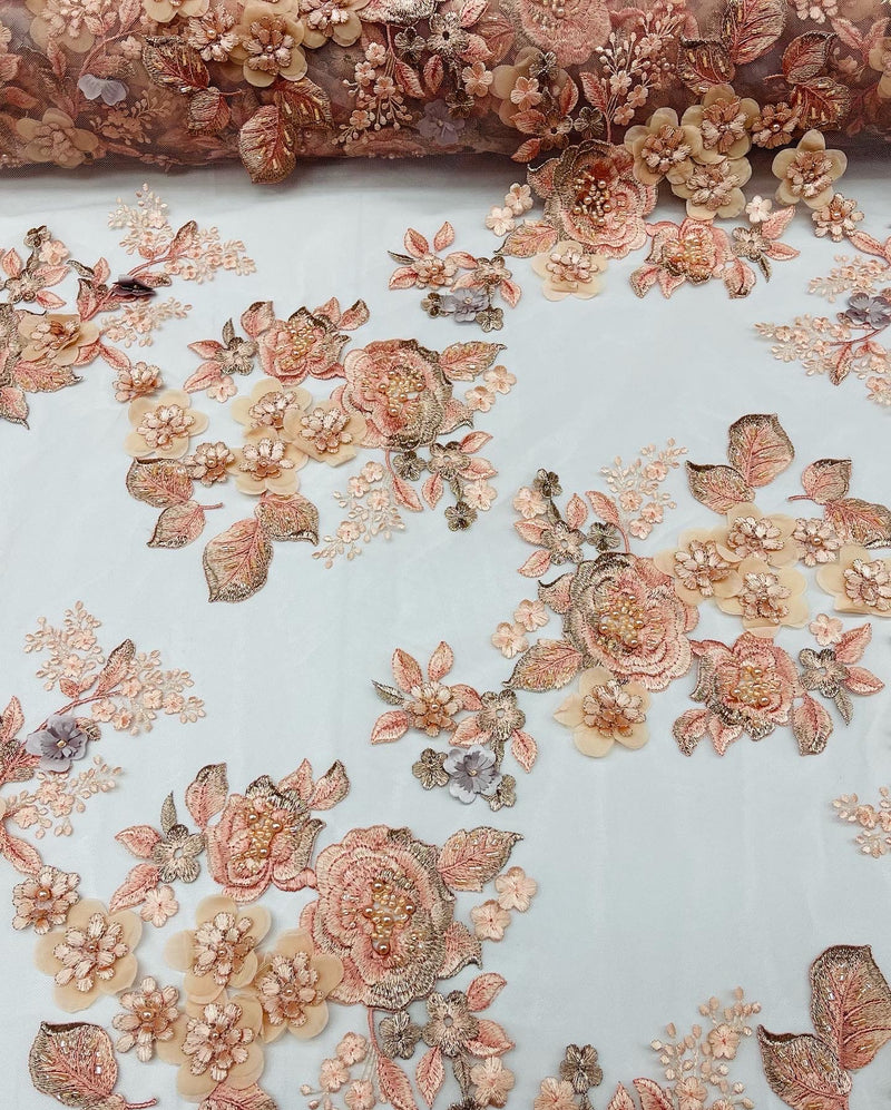 Peach Flower 3D Fabric - by the Yard - Embroided Fabric Flower Pearls and Beaded Fabric