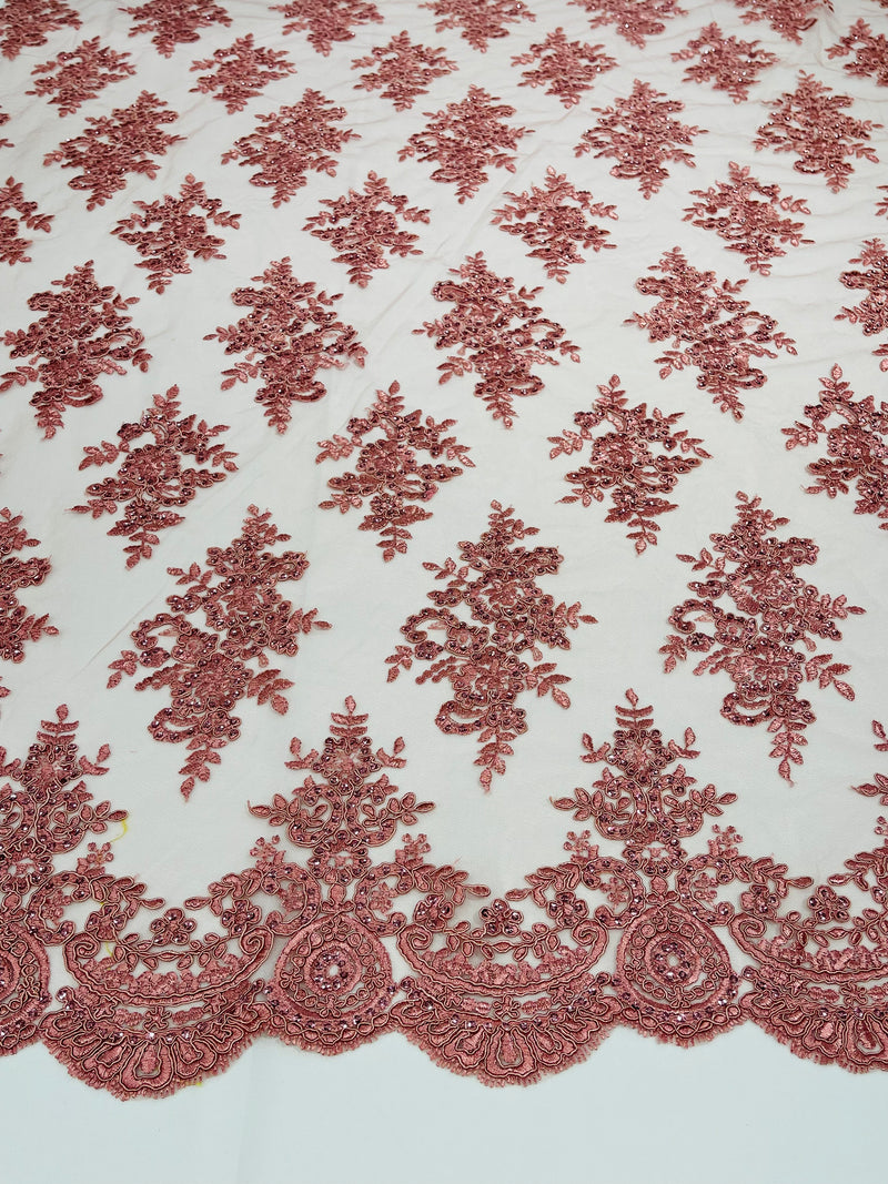 Dusty Rose Floral Lace Fabric - by the yard - Corded Flower Embroidery Design With Sequins on a Mesh