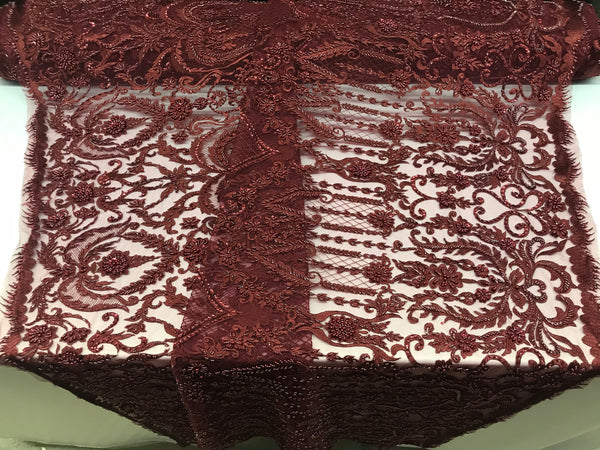 Burgundy Beaded Fabric Embroidered On A Mesh Lace Fancy Dress Fabric Sold By The Yard