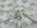 Floral Lace Fabric - Off-White - Flower Cluster Embroidery Design With Sequins on a Mesh