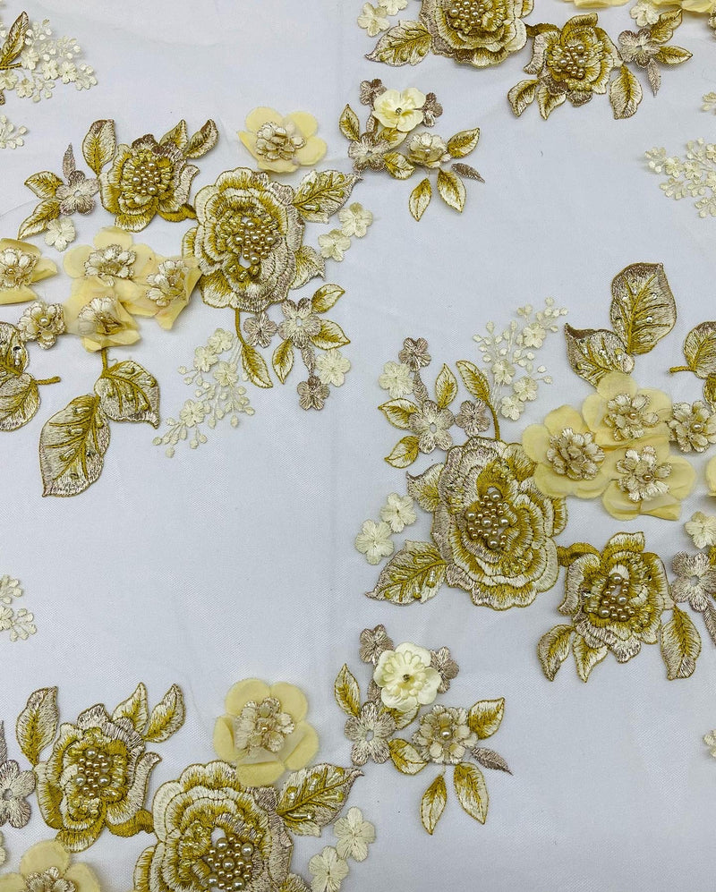 Gold Flower 3D Fabric - by the Yard - Embroided Fabric Flower Pearls and Beaded Fabric