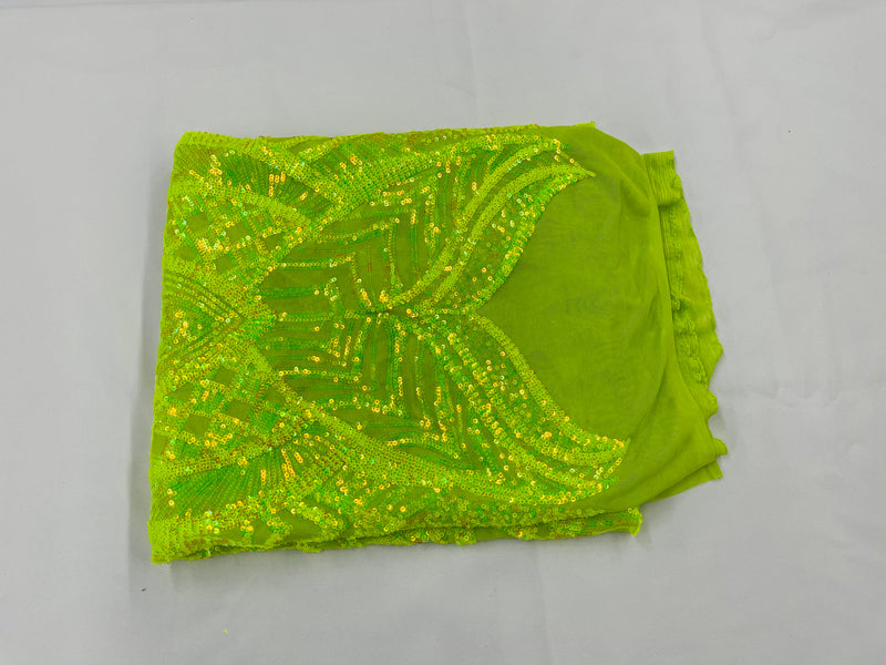 Neon Yellow Sequin - 4 Way Stretch Embroidered Royalty Sequins Design Fabric By Yard