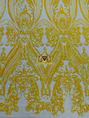 Big Damask Sequins Fabric - Yellow - 4 Way Stretch Damask Sequins Design Fabric By Yard
