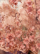 Rose Flower 3D Fabric - by the Yard - Embroided Fabric Flower Pearls and Beaded Fabric