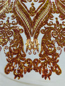 Big Damask Sequins Fabric - Orange Iridescent - 4 Way Stretch Damask Sequins Design Fabric By Yard