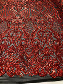 Red Sequins On Black Mesh 4 Way Stretch Damask Design Fabric On Stretch Mesh By The Yard