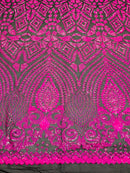 Neón Pink Sequins Fabric On Black Mesh 4 Way Stretch Geometric Design By The Yard