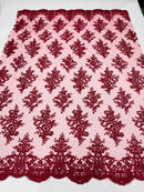 Burgundy Floral Lace Fabric by the yard Corded Flower Embroidery Design With Sequins on a Mesh