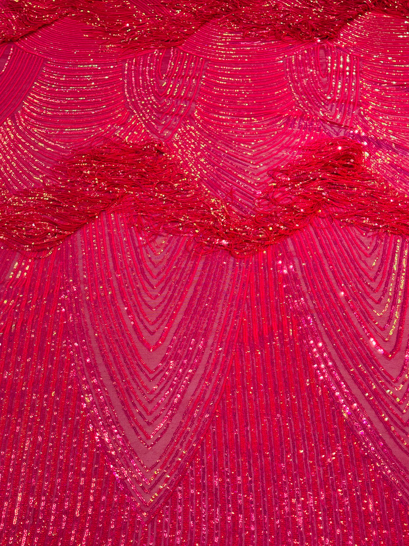 Hot Pink Fringe Sequins - Dangle 4 Way Stretch Fancy Sequins Fabric Sold By The Yard