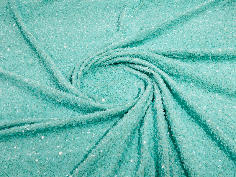 Mint Sequin Fabric on Stretch Velvet - by the yard - Sequins 2 Way Stretch  58/60”