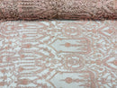 Blush Pink Beaded Damask Fabric - by the yard - Embroidered with Beads and Sequins on Mesh Fabric
