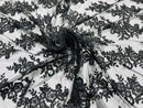 Black Floral Lace Fabric - by the yard - Corded Flower Embroidery Design With Sequins on a Mesh