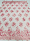 Floral Lace Fabric - Pink - Flower Cluster Embroidery Design With Sequins on a Mesh