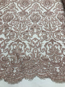 Rose Gold Bridal Lace Hand Beaded Embroidered Floral Fabric - by the yard - Wedding Beaded Fabric