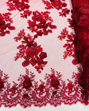 Burgundy Flower 3D Fabric - by the Yard - Embroided Fabric Flower Pearls and Beaded Fabric