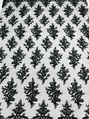 Black Floral Lace Fabric - by the yard - Corded Flower Embroidery Design With Sequins on a Mesh