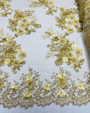 Gold Flower 3D Fabric - by the Yard - Embroided Fabric Flower Pearls and Beaded Fabric