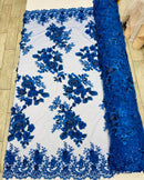 Royal Blue Flower 3D Fabric - by the Yard - Embroided Fabric Flower Pearls and Beaded Fabric