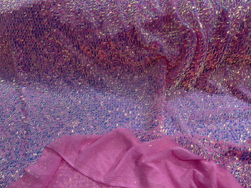 New Iridescent Clear Sequin Fabric Embroidery On Pink Power Mesh 4Way Stretch Sequins By The Yard