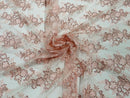 Blush Pink Floral Lace Fabric by the yard Corded Flower Embroidery Design With Sequins on a Mesh