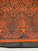 Orange Iridescent Sequins Fabric On Black Mesh 4 Way Stretch Geometric Design By The Yard