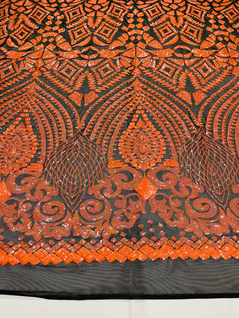 Orange Iridescent Sequins Fabric On Black Mesh 4 Way Stretch Geometric Design By The Yard