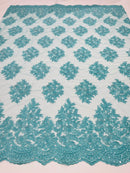 Floral Lace Fabric - Tiffany Blue - Flower Cluster Embroidery Design With Sequins on a Mesh