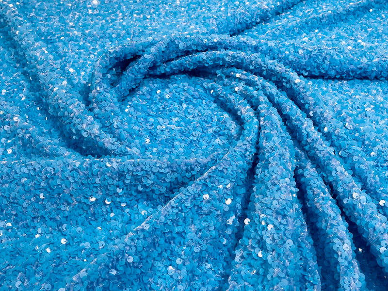 Aqua Blue Sequin Fabric on Stretch Velvet - by the yard - Sequins 2 Way Stretch 58/60”