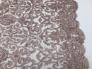 Rose Gold Bridal Lace Hand Beaded Embroidered Floral Fabric - by the yard - Wedding Beaded Fabric