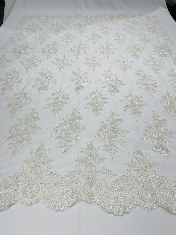 Ivory/off white Floral Lace Fabric by the yard Corded Flower Embroidery Design With Sequins on a Mesh