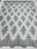 Silver Floral Lace Fabric by the yard Corded Flower Embroidery Design With Sequins on a Mesh