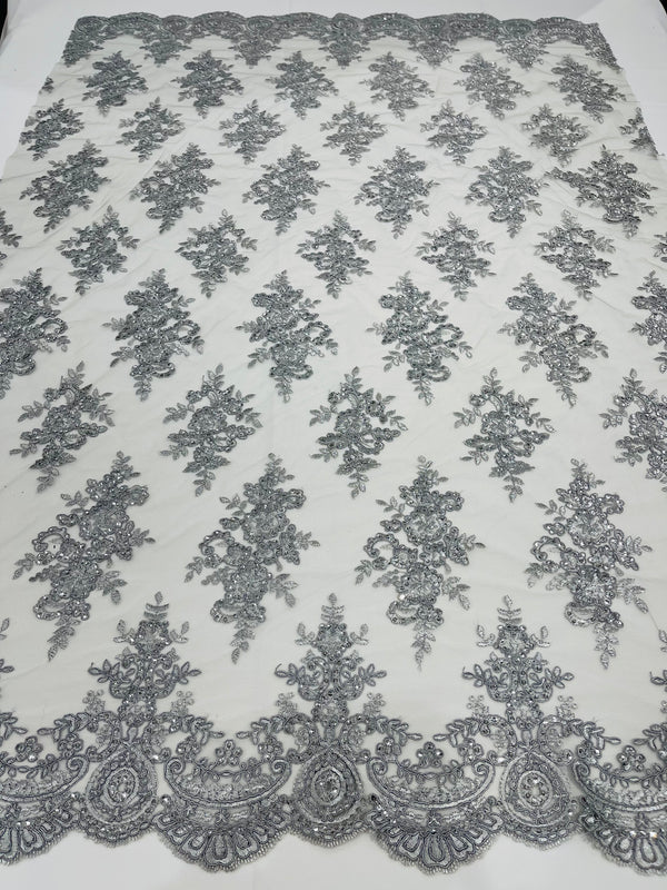 Silver Floral Lace Fabric by the yard Corded Flower Embroidery Design With Sequins on a Mesh