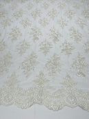Ivory/off white Floral Lace Fabric by the yard Corded Flower Embroidery Design With Sequins on a Mesh