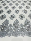 Floral Lace Fabric - Silver - Flower Cluster Embroidery Design With Sequins on a Mesh