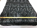 Iridescent Black 4 Way Stretch - Sequins Damask Design Fabric Embroidered On Mesh Sold By The Yard