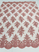 Dusty Rose Floral Lace Fabric - by the yard - Corded Flower Embroidery Design With Sequins on a Mesh