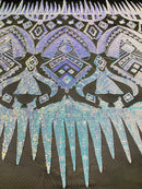 Aqua Iridescent Sequin Fabric, by the yard - Black Mesh 4 Way Stretch Aztec Design