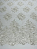 Floral Lace Fabric - Off-White - Flower Cluster Embroidery Design With Sequins on a Mesh