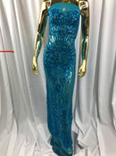 3 Yards Sequins - Turquoise- 4 Way Stretch Fancy Fabric Embroidered On Mesh