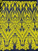 Big Damask Sequins Fabric - Yellow on Black - 4 Way Stretch Damask Sequins Design Fabric By Yard