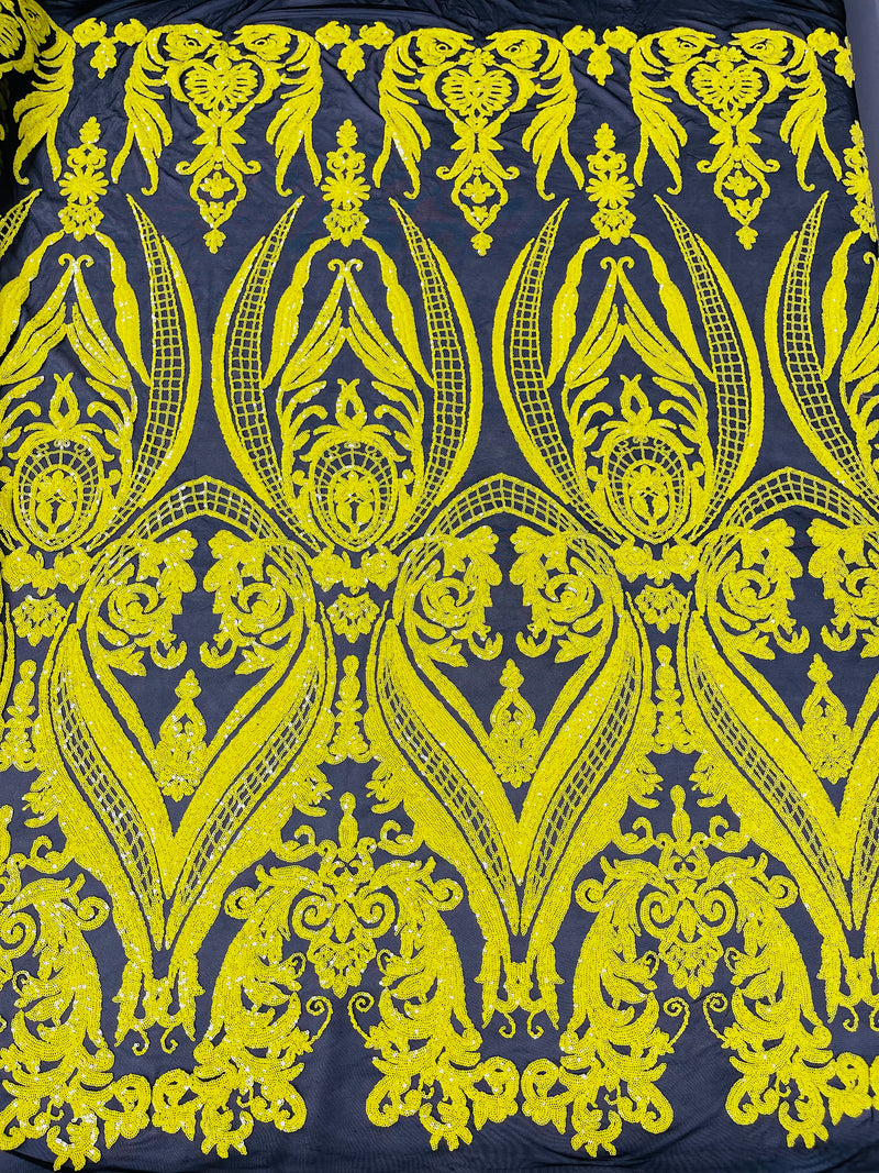 Big Damask Sequins Fabric - Yellow on Black - 4 Way Stretch Damask Sequins Design Fabric By Yard