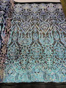 Iridescent aqua/Blue Sequin Fabric On Black Mesh 4 Way Stretch Damask Design By The Yard